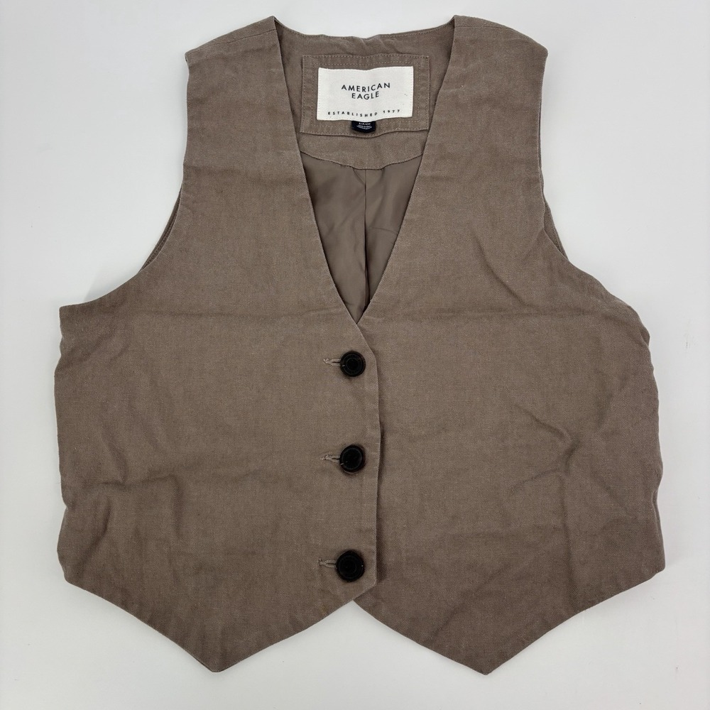 American Eagle Vest Brown Women's Small Button Front Linen Blend